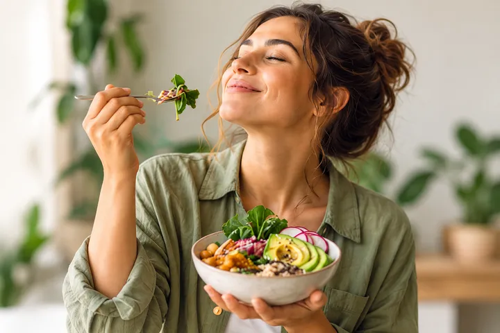 Imagen ilustrativa de una mujer disfrutando una ensalada